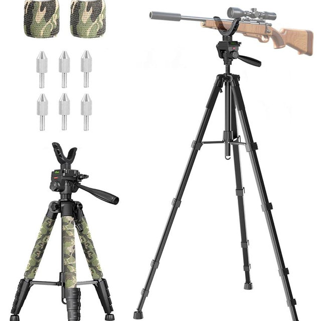 74” Rifle Shooting Tripod, Hunting Rest V Yoke Rifle Rest with 6 Ground Spikes, 2 Camo Strap, Aluminum Crossbow Shooting Stand with Durable Frame for Hunting, Shooting, and Outdoors