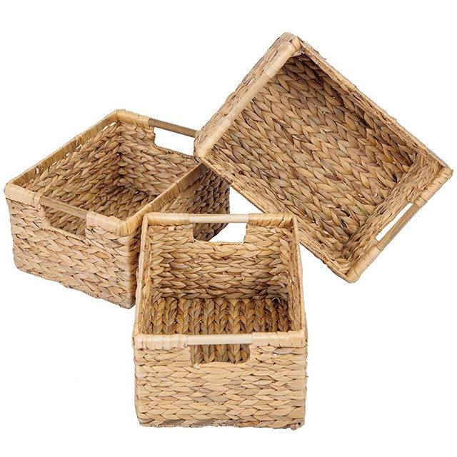 Large Wicker Basket Rectangular with Wooden Handles for Shelves, Water Hyacinth Basket Storage, Natural Baskets for Organizing, Wicker Baskets for Storage 14.5 x 10.3 x 7.2 inches - 3 Pack
