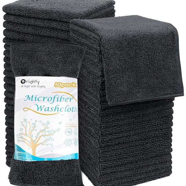Orighty Washcloths Bulk Towels Set 50 Pack, Highly Absorbent and Super Soft Microfiber Fingertip Towels, Multi-Purpose Wash Cloths for Bathroom, Hotel, Spa, and Gym, 12x12 Inch, Black