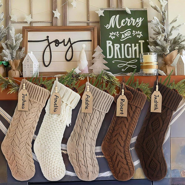 MiniInflat 5 Pack 18 inch Neutral Personalized Christmas Stockings Bulk, Rustic Farmhouse Cable Knit Fireplace Hanging Stocking with Name Tags Earth Tones Brown Decor for Xmas Holiday Family Party