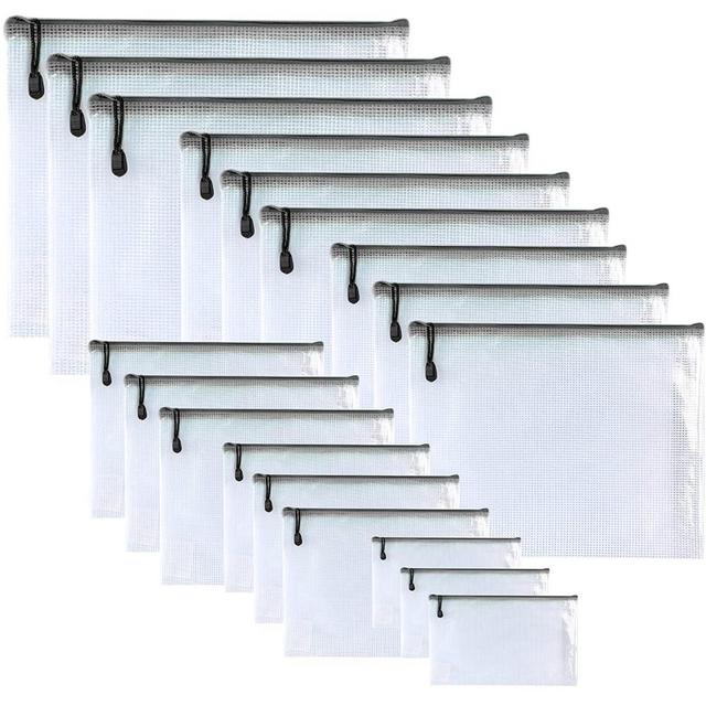 Oaimyy-18 Pcs,Plastic Mesh Zipper Pouch Document Folders Bag Zipper Zip File Folders for Office Supplies, Travel,Organizing Storage (6 Sizes, Black)