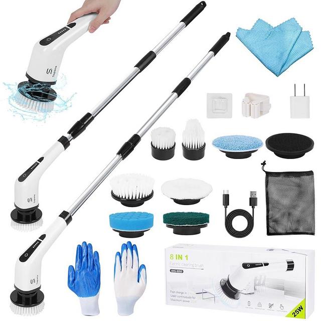 SAPANA Electric Spin Scrubber for Cleaning, Cordless Electric Scrubber with Adjustable Long Handle, Holder & 8 Replaceable Brush Heads for Bathroom, Kitchen, Tile & Floor