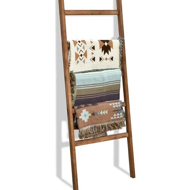FUIN 6.4ft Extra Wide Wooden Blanket Ladder Living Room Decorative Wal Leaning Farmhouse Quilt Display Holder Rustic Wood Towel Rack for Bathroom, Brown, 24 inch Wide