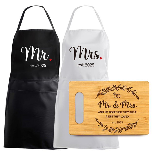 Palasarkaaa Mr & Mrs Aprons with Pocket Cutting Board Gifts Set for Couples 2025, Unique Gifts for Wedding Engagement bridal shower, Best Housewarming gifts for Newlywed from Friends