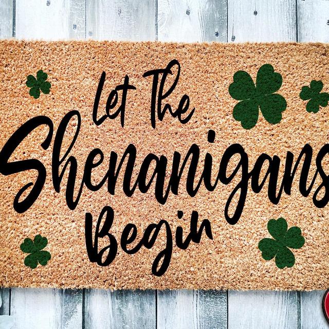 Let the Shenanigans Begin Shamrock Doormat | St. Patrick's Day Housewarming Gift Door Mat | Custom Doormat Closing Gift | Welcome Doormat