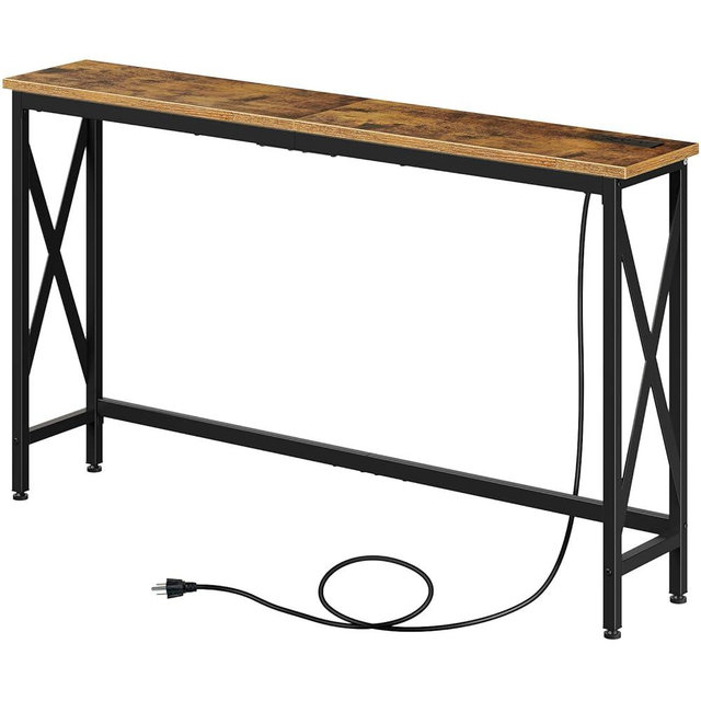 Rolanstar Console Table with Power Outlet, Narrow Sofa Table, 55.1" x 7.9" Farmhouse Table Behind Sofa Couch Hallway Entrance for Living Room, Entryway, Foyer, with Metal Frame, Rustic Brown