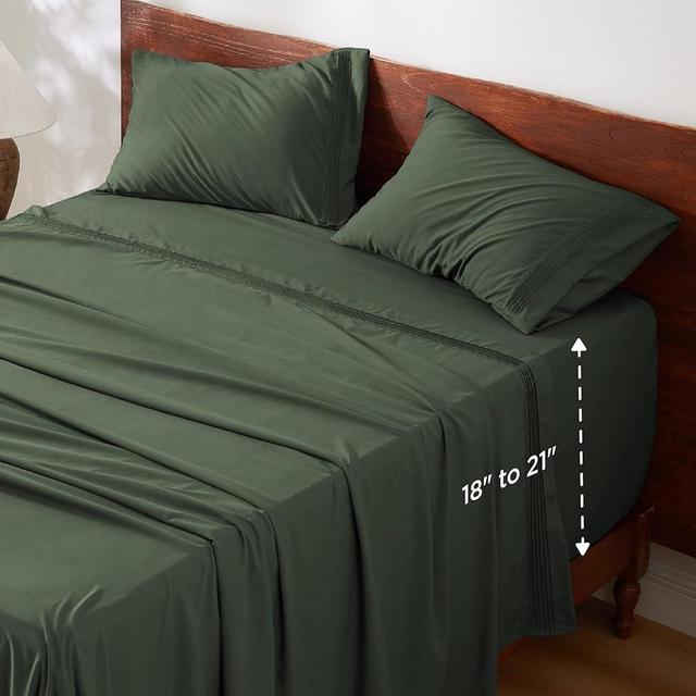 Bedsure Deep Pocket Queen Sheets Set - Fits Mattresses Up to 21" Thick, 4 Piece Air Mattress Sheets with Deep Pocket, Moisture Wicking Soft Cooling Bedding Sheets & Pillowcases, Olive Green