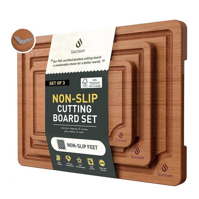 3 Packs Bamboo Cutting Board Set with Non Slip Feet and Over Sink Nice Solid Thick Wood Juice Groove Chopping Board Extra Large Big Small Best Hardwood Counter Organic Vegetable Kitchen Gadgets