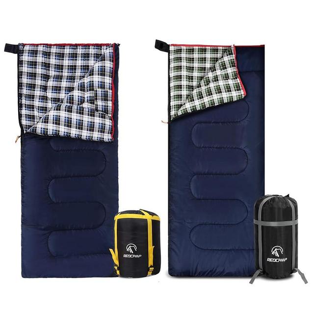 REDCAMP Outdoors Cotton Flannel Sleeping Bag for Camping Hiking, Warm and Comfortable Envelope Sleeping Bags with 2lbs Filling, Navy Blue/Green Plaid