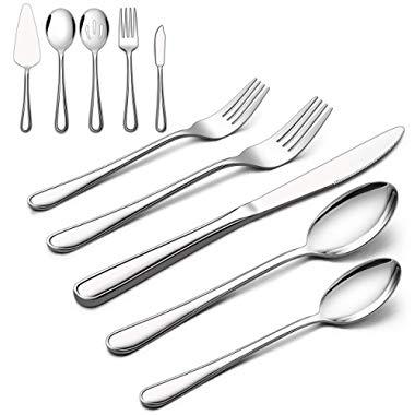 LIANYU 65-Piece Silverware Set with Serving Utensils, Stainless Steel Eating Utensil Flatware Cutlery Set Service for 12, Tableware Set for Home Restaurant Wedding, Mirror Polished, Dishwasher Safe