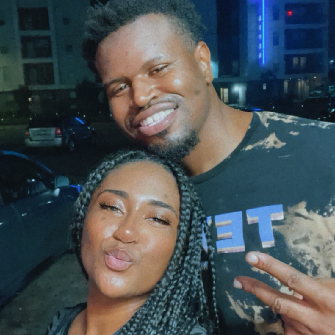 This was our first picture ever! Our first date we went to a local open mic. We danced all night and decided to continue on at a popular 24/hr diner staying up until 5am talking.
