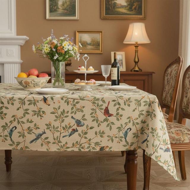 Vintage Bird Botanical Tablecloth, Cotton Linen Rectangular Dining Cover for Farmhouse Home