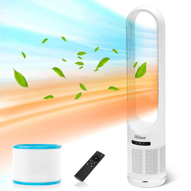 Space Heater Tower Bladeless Fan, Heater and Cooler Fan Combo with Remote,Installation Free Quiet 80°Oscillating, 8 Speeds, 9H Timer, HEPA Filter, 32 inch Large