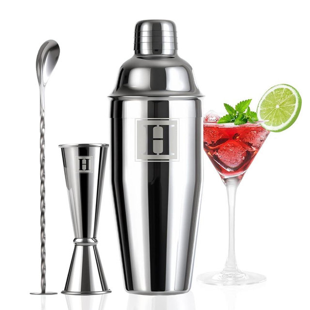 Thecosky 24oz Cocktail Shaker Set with 1 oz 2oz Jigger - Monogramm Initials Martini Shaker Set - 304 Stainless Steel Bar Shaker for Margarita,Mojito-Personalized Gift for Friend,Husband