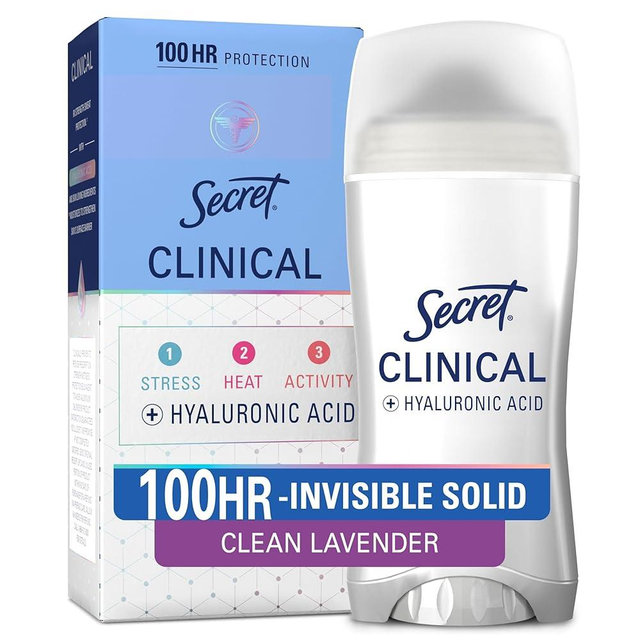 Secret Clinical Strength Antiperspirant Deodorant for Women, 100hr Sweat & Odor Protection, 3X Stress Protection with Hyaluronic Acid, PH Balanced, Invisible Solid, Clean Lavender Scent, 2.6 oz