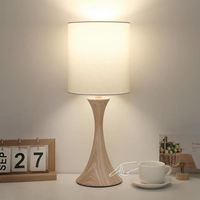 Bedside Touch Lamp, 3 Way Dimmable Touch Control Table Lamp, Wood Grain Farmhouse Table Lamp, Modern Nightstand Lamp with White Shade for Bedroom, Dorm, Office, 3000K LED Bulb Included