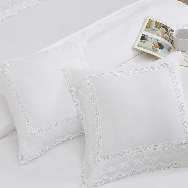 White Lace Euro Shams Throw Pillow Covers Cotton Bed French Country Shabby Chic Luxury Princess 2PCS 26"x26"