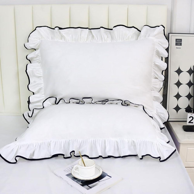 Lemfux Pillow Cases White Edge Ruffle 20x30 Inch, Set of 2, French Country Style Vintage Decorative Pillow Shams, 100% Cotton Soft and Comfortable Bedding Pillowcases (Black Edge, 20"x30")