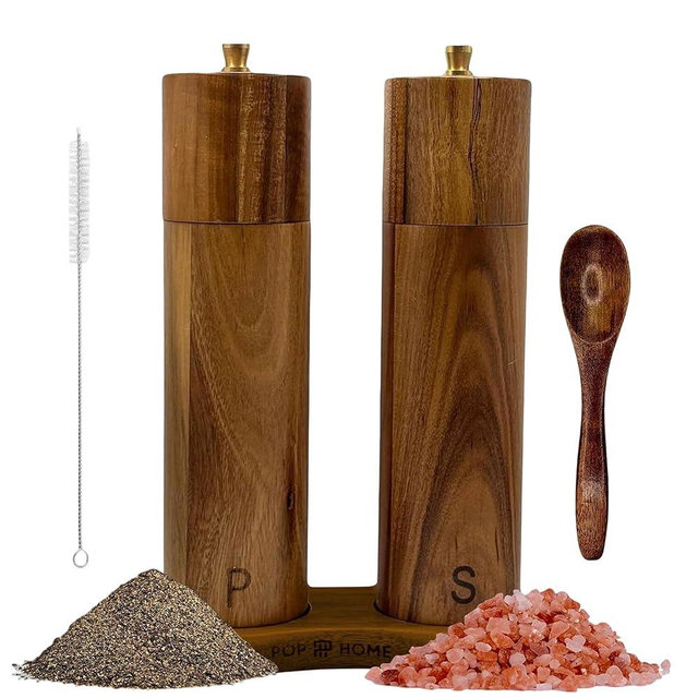 Pop & Party Wooden Salt And Pepper Grinder Set - 8″ Acacia Mills, Adjustable Ceramic Core, Refillable Wood Salt and Pepper Shakers With Tray, Spoon & Brush