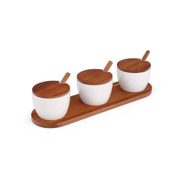 Nambe Duets Triple Condiment Server | Porcelain | Small Serving Bowl for Side Dishes, Dips, Salsa, and Appetizers | 3.5" Bowls with Lids and Spoons | Acacia Wooden Tray