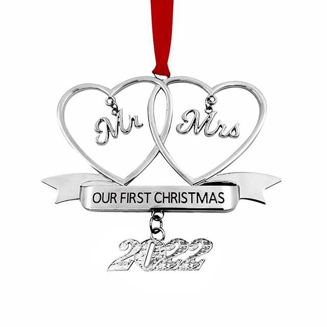 2022 Our First Christmas Ornament as Mr Mrs Ornament with Red Ribbon Perfect Annual Christmas Tree Decoration (Silver Our First Christmas Mr Mrs)