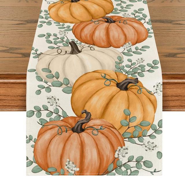 Artoid Mode Orange Pumpkins Eucalyptus Leaves Fall Table Runner, Autumn Thanksgiving Kitchen Dining Table Decoration for Home Party Decor 13x36 Inch
