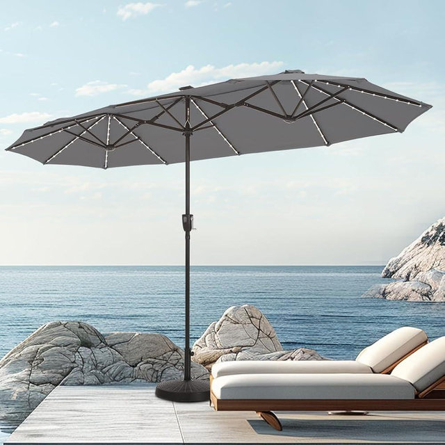 PHI VILLA 13ft Patio Umbrella with 120 PCS Solar-Powered LED Color-Changing Lights, Double-Sided Large Rectanglular Umbrella Outdoor for Table with Crank Lift,Light Grey(No Base)
