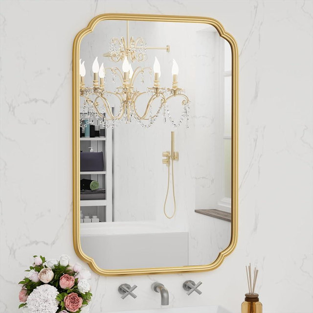 Ferytange Gold Bathroom Vanity Mirror for Wall 24" x 36" Modern Rounded Rectangle Mirror with Metal Framed Mirrors for Over Sink Wall Decorative (Horizontal/Vertical)