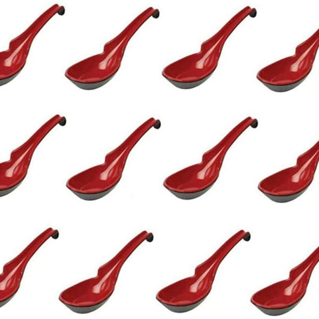 JapanBargain 2397, Set of 12 Soup Spoons with Hook Asian Soup Spoons Chinese Spoons with Notch Hook Japanese Ladle Spoons, Red and Black Color