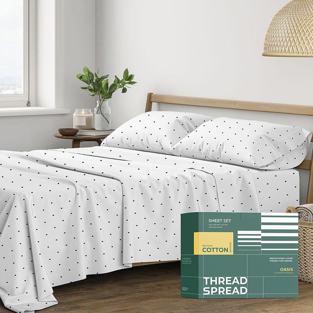 THREAD SPREAD 100% Organic Cotton Sheets Full Size - Organic Cotton Full Size Percale Sheet Set (4 PC, Navy Polka Dot), Soft, Cooling, Crisp & Breathable, 16" Deep Pocket Hotel Quality Bedding Set