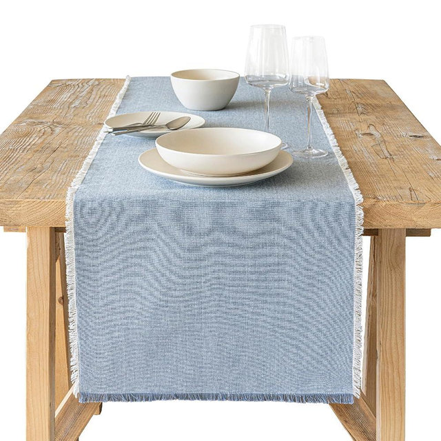 Over&Back 18x108 Woven Frayed Chambray Cotton Table Runner - Washable Table Runners for a Custom Home Decor Tablescape - Hand-Finished Frayed Edges - Coffee Table, Dinner Table, Living Room - Blue