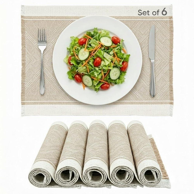 GleeNflux Placemats Set of 6, Fabric Placemats for Dining Table, Woven Polyester Place Mats with Fringe, Machine Washable, Khaki Geometric Table Mats, Modern Table Decor, Housewarming Gift