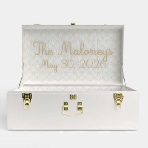 Grand Trunk in Miramar font, shimmery champagne thread color