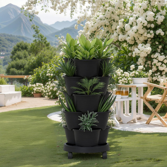 VECELO 5-Tier Vertical Garden Planter, Self Watering Stackable Planter with Wheels for Strawberries, Flowers, Vegetables, Black