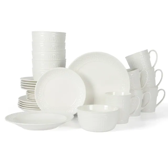 Martha Stewart Basket Weave 30-Piece New Bone China Embossed Porcelain Dinnerware Set