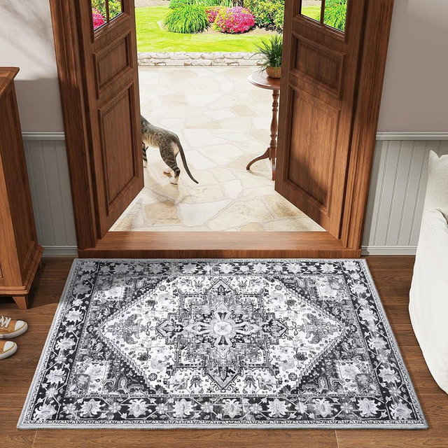 HOMORE 2x3 Small Gray Rug for Bedroom,Washable Throw Rug for Living Room Kitchen Entryway Office Grey Rugs,Indoor Door Farmhouse Perfect for Room Home Decor Vintage Floral Low Pile Non-Slip Rugs