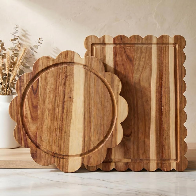 2 Pcs Decorative Scalloped Charcuterie Board Set, Acacia Wood Cheese & Meat Serving Tray, Cutting Board with Juice Groove for Cottagecore Kitchen Decor Gift