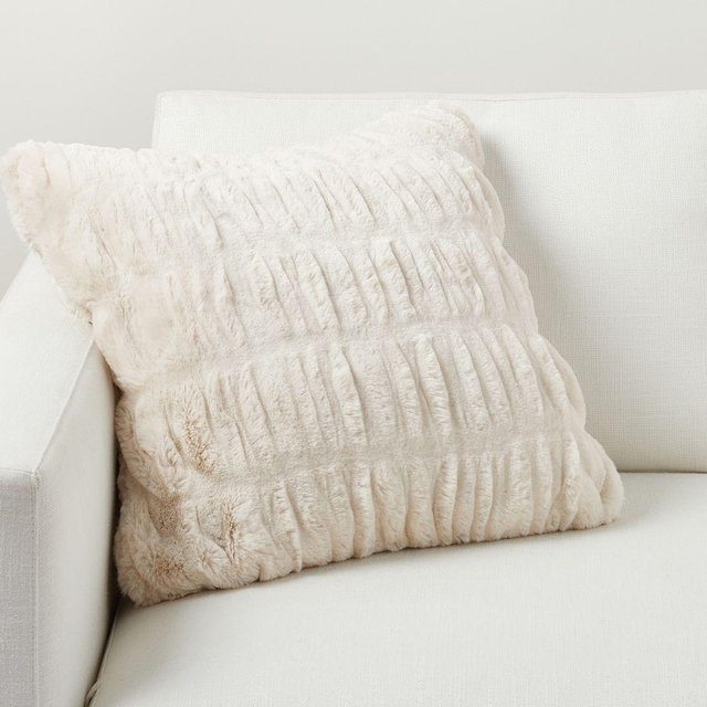 Ruched Faux Fur Pillow, 20 ", Ivory