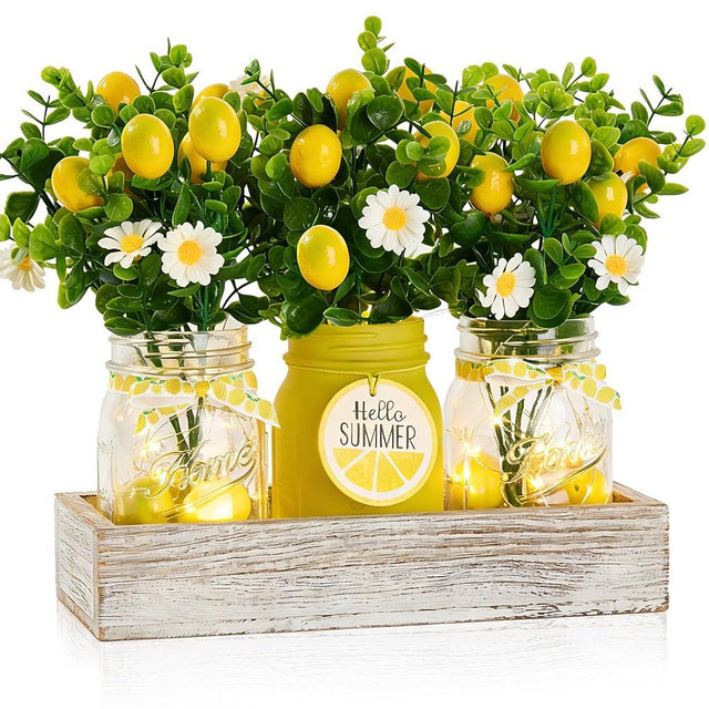 KIVIVO Lemon Kitchen Decor, Centerpieces for Tables, Mason Jar Lemon Party Decorations for Home, Fake Artificial Lemons Flower, Wood Tray, 22 Pcs Farmhouse Summer Table Decorations Outdoor for Kitchen