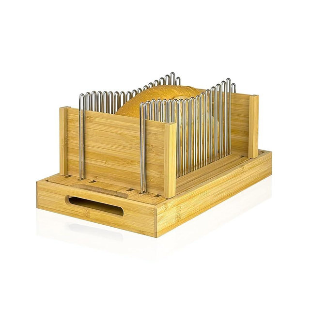 Bamboo Bread Slicer for Homemade Bread by Forest Manor - Adjustable Width Stainless Steel Slicing Guides & Crumb Tray -Sourdough Bread, Cakes, Loaves, Bagel Slicer - Kitchen Baking Tools & Gifts