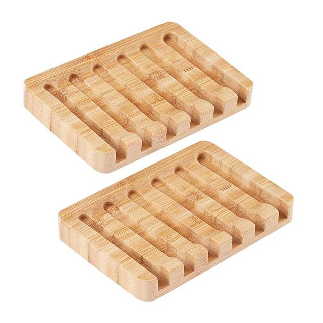 Fiewmay 2 pcs Bamboo Soap Dishes for Bathroom/Shower, Natural Wood Big Bar Soap Holder with Self Draining Tray, Natural Waterfall Drain Soap Saver