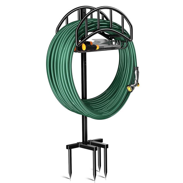 Kesfitt Garden Hose Holder,Detachable Water Hose Holders Freestanding with Tool Storage Basket,4 Spikes Heavy Duty Metal Hose Stand Hanger,Garden Hose Storage Rack for Outside Lawn Yard