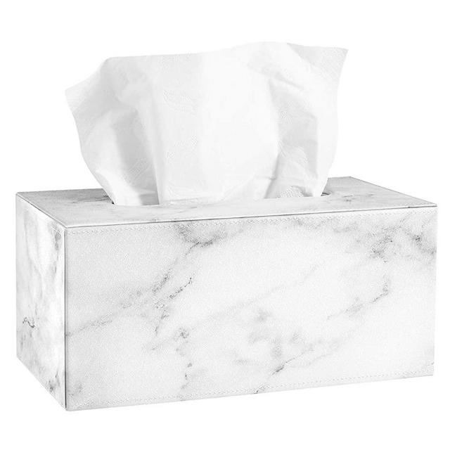 Lewondr Marble Tissue Holder Box, Rectangular PU Leather Facial Tissue Box Cover, Napkin Storage Box, Toilet Paper Holder Case Dispenser for Countertop Bedroom Bathroom Car Office - 9.8" x 5.3" x 4.5"