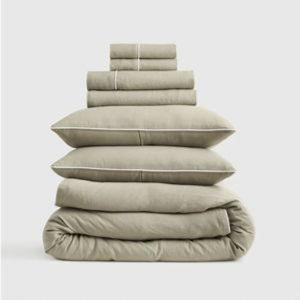 European Linen Piped Deluxe Bedding Bundle in Willowleaf/White