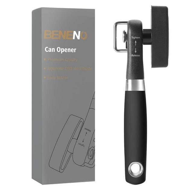 Can Opener Smooth Edge, Side Cut Can Opener Manual with Durable Sharp Blade, Safe Cut Manual Can Opener with Non-Slip Rubber Knob, Side Can Opener with Comfortable Grip Handle, Black