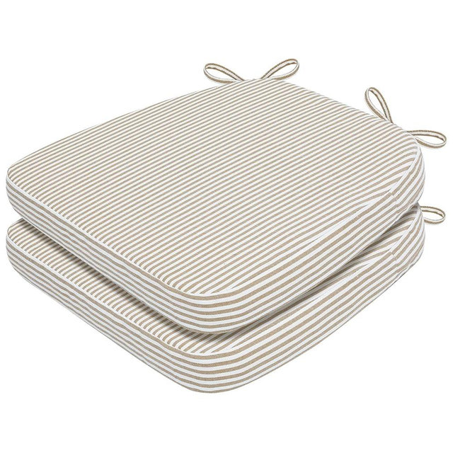 AAAAAcessories D-Shaped Chair Cushions, 2" Thick Dining Chair Pads with Ties and Removable, Machine-Washable Cover, 17" x 16", Set of 2, Natural Sand Pinstripe