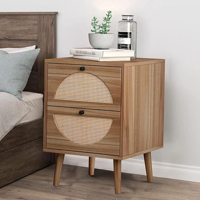 Rustic Rattan Nightstand 2-Drawer, End Table Side Table Wooden Coffee Table with Storage and Solid Wood Legs for Living Room, Bedroom(Walnut)