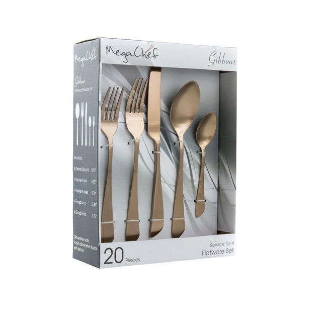 MegaChef 20 Piece Flatware Utensil Set, Stainless Steel Silverware Metal Service for 4 in Rose Gold Matte