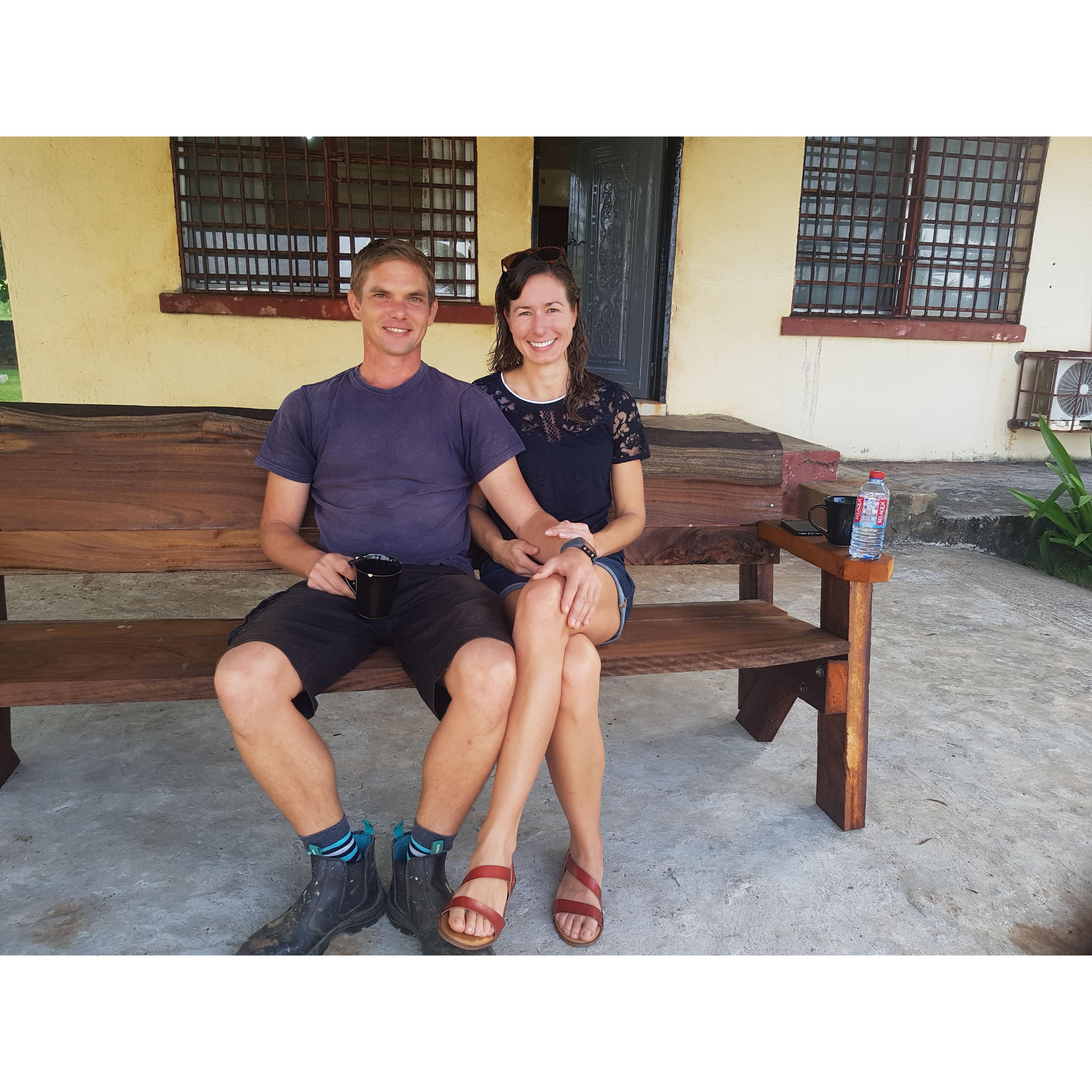 Trying out the bench Nellis made on Micah's first day in MAF's compound in Monrovia, Liberia