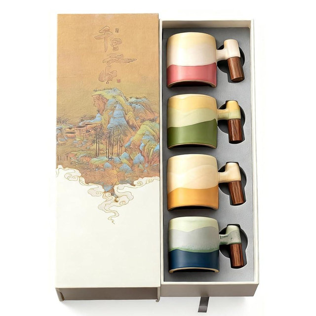 ZPGXLRZ 2.4oz Ceramic Espresso Cups Set of 4, Small Coffee Cups with Wooden Handle, Gradient Color Demitasse Cups, Ceramic Tea Cups Gift Box Packaging